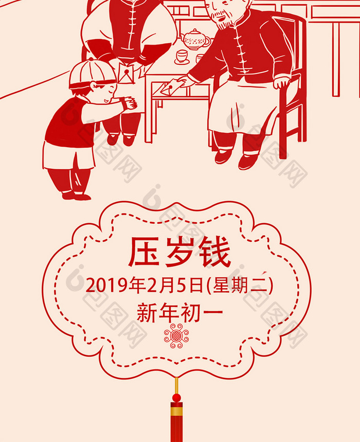 2019年剪纸年初二回娘家插画手机配图