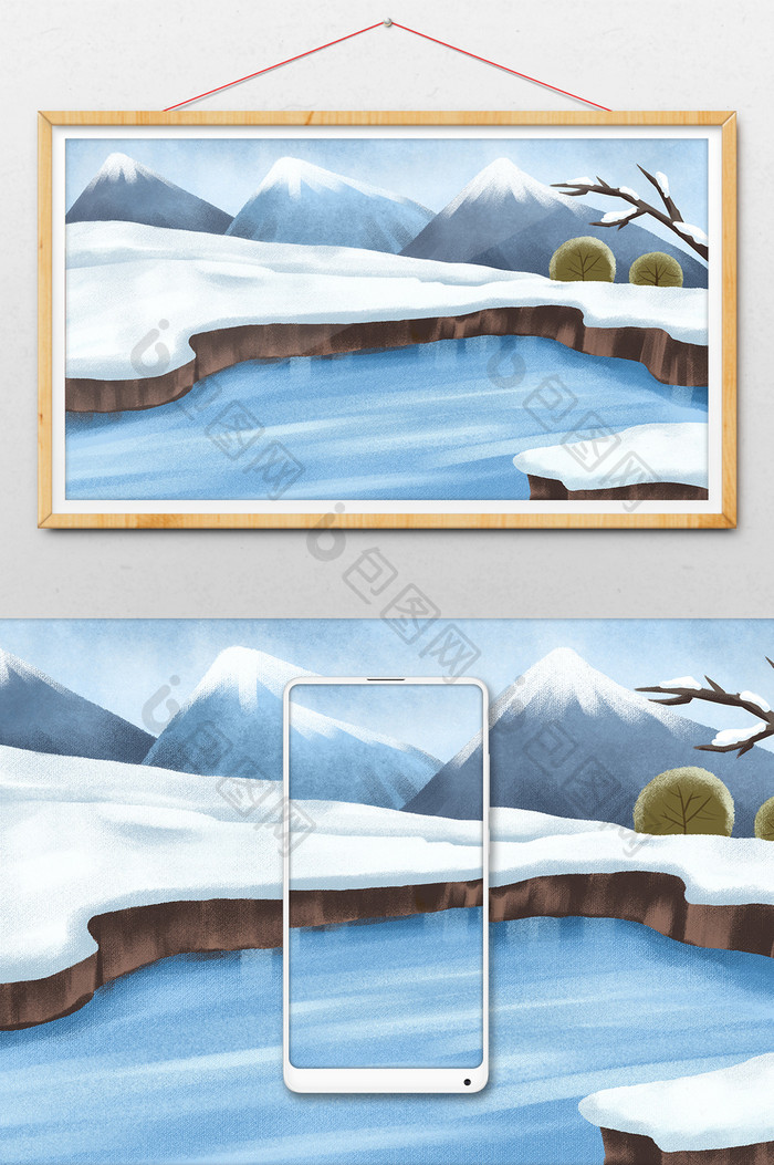 手绘野外雪地中的池塘插画背景