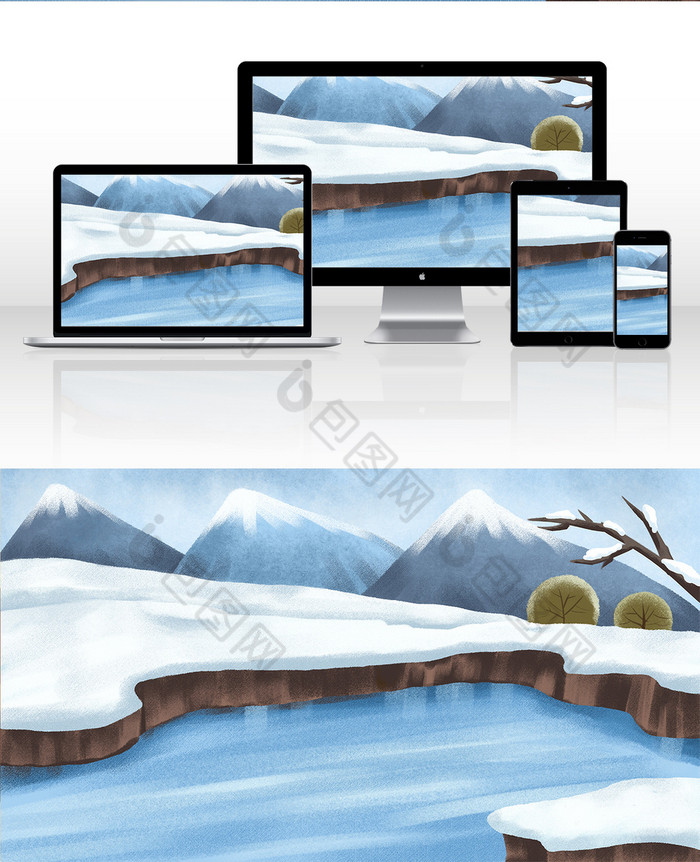 野外雪地中的池塘插画