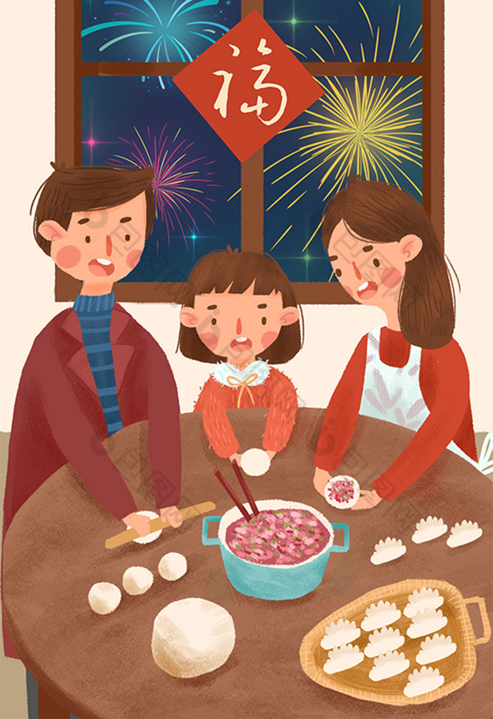 红色喜庆过春节一家人包饺子手绘插画
