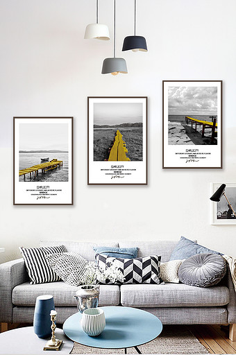 大气简欧黑白海岸线木桥风景客厅酒店装饰画图片