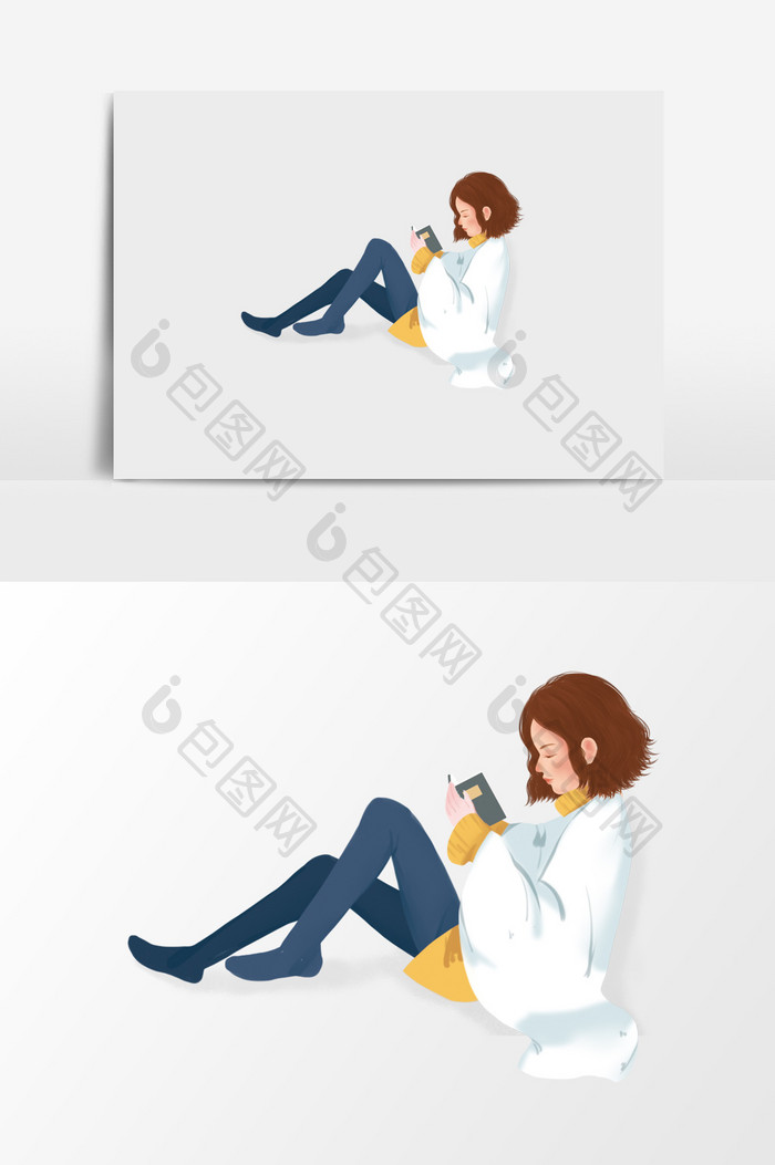 手绘躺着玩手机的女人插画元素