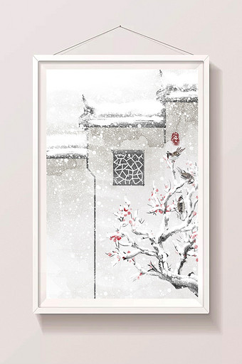 冬季雪景水墨 马头墙梅花节气水墨画图片