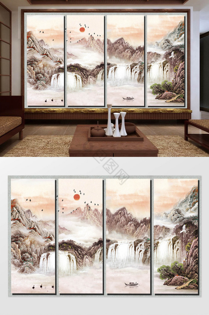 新中式国画水墨山水无框画背景墙图片