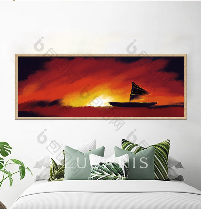 手绘油画海面夕阳帆船装饰画