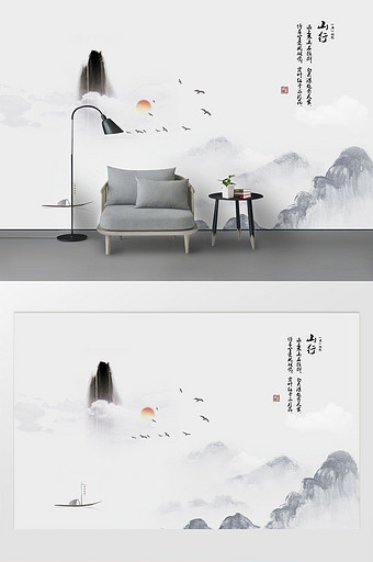 新中式意境国画山水风景客厅背景墙装饰画图片