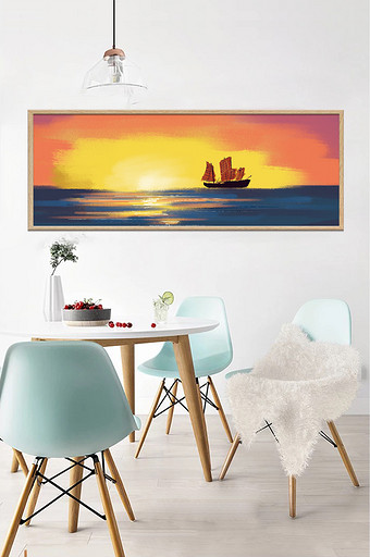 手绘油画海面帆船夕阳装饰画图片