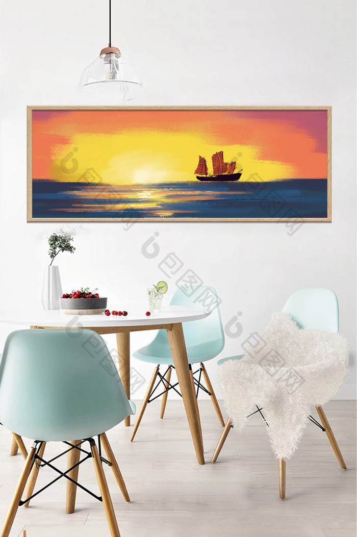 手绘油画海面帆船夕阳装饰画