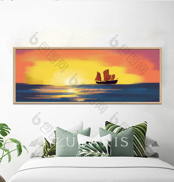 手绘油画海面帆船夕阳装饰画