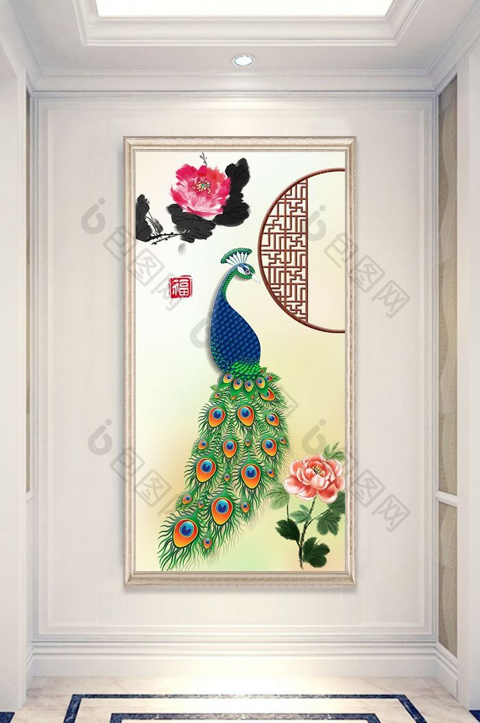 新中式唯美牡丹花开孔雀玄关装饰画