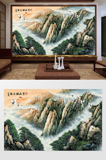 中式国画水墨山水黄山烟云风景背景墙图片