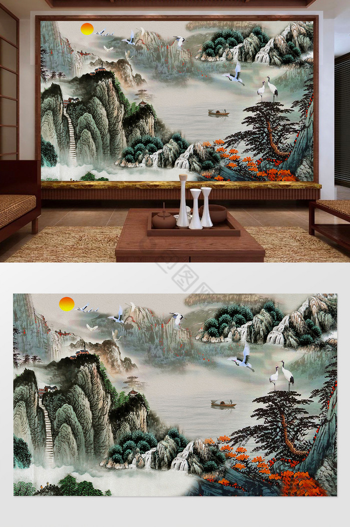 新中式山水国画背景墙图片
