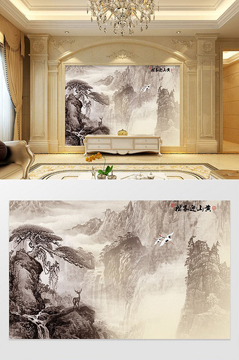 中国风水墨国画山水黄山迎客松背景墙图片