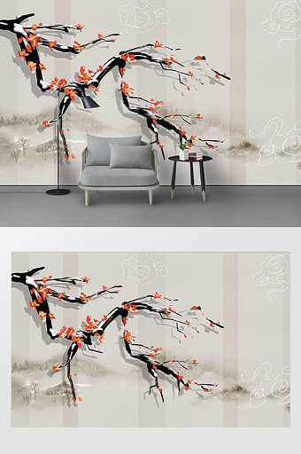 新中式浮雕梅花背景墙装饰壁画图片