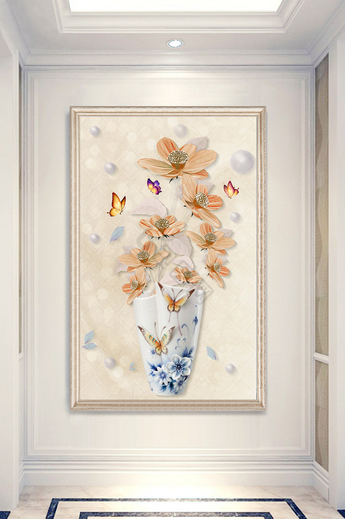 现代唯美蝴蝶珍珠花瓶花卉玄关装饰画图片