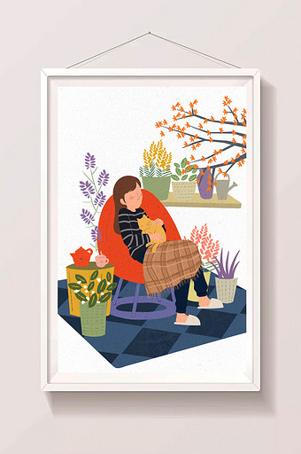 唯美清新冬季室内女孩植物猫温暖插画图片