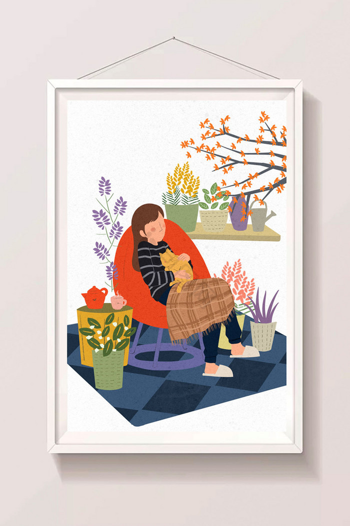 冬季室内女孩植物猫温暖插画图片