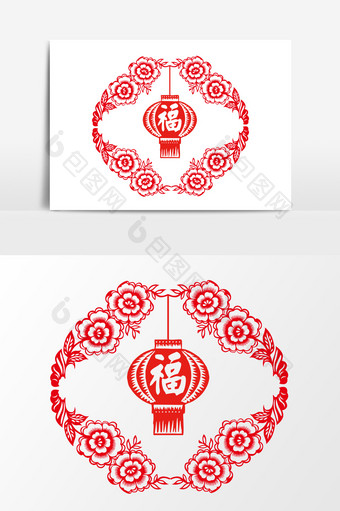 中国风灯笼花朵剪纸元素图片