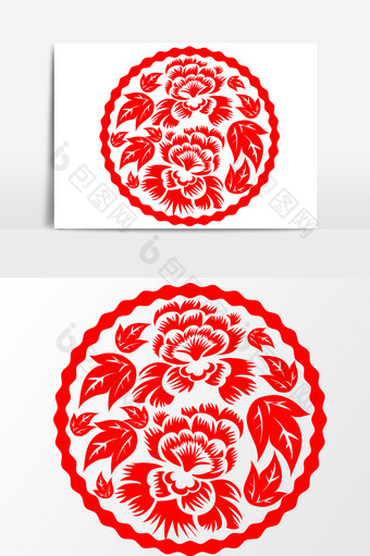 中国风红色花朵剪纸设计元素图片