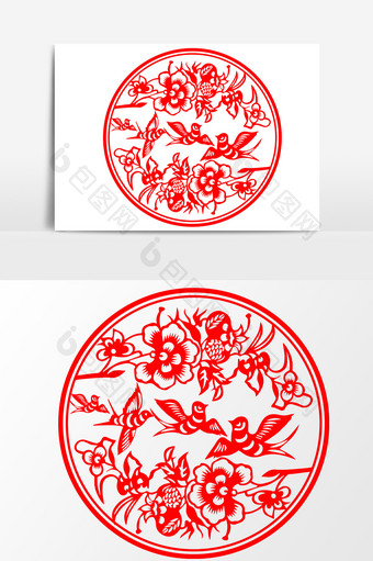 红色圆形中国风剪纸设计元素图片