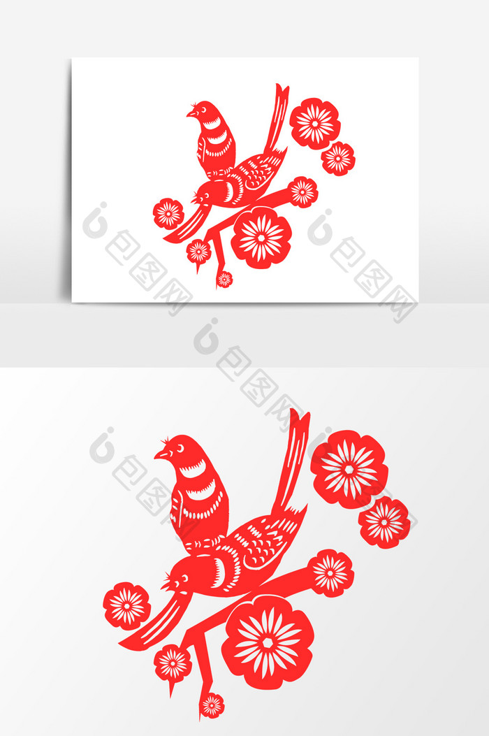 红色花朵小鸟剪纸设计元素