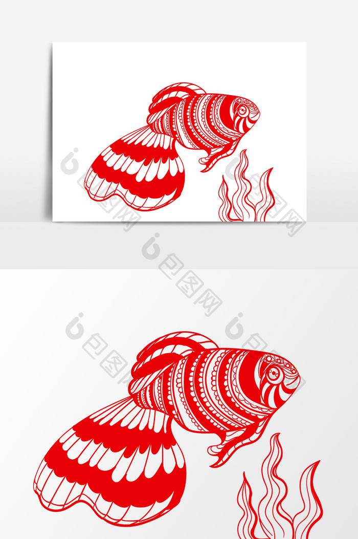 红色海草鱼剪纸设计元素