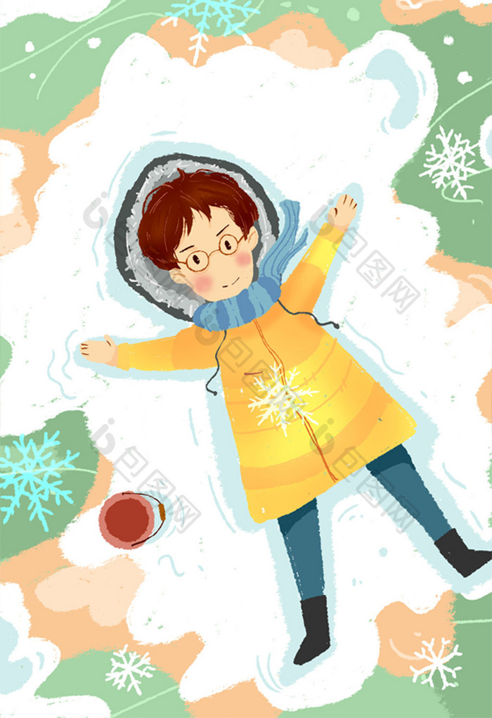 大寒节日节气雪中玩耍手绘插画