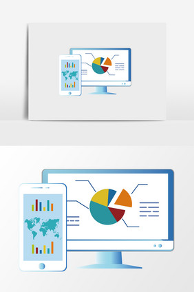 手绘进行数据分析的手机和显示器插画元素