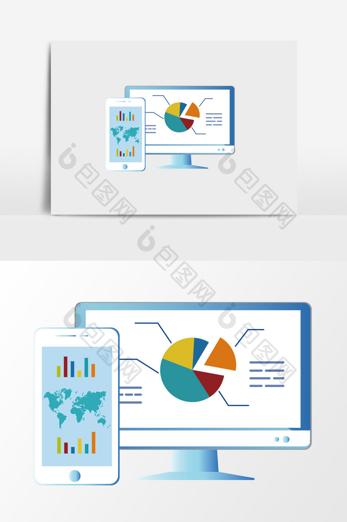 手绘进行数据分析的手机和显示器插画元素