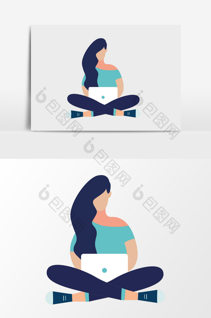 手绘盘腿坐着玩电脑的女孩插画元素