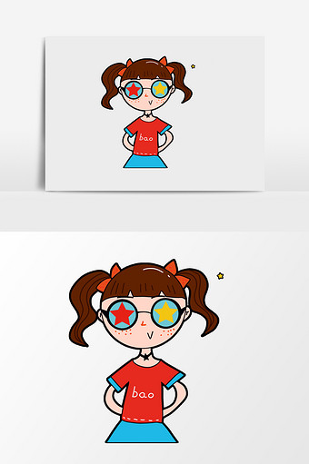 手绘红衣服的小女孩插画元素图片