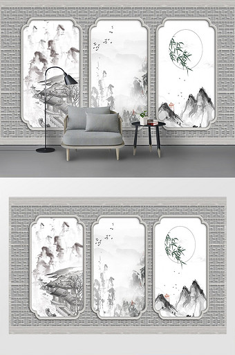 中式时尚山水风景大气几何框灰色背景墙图片