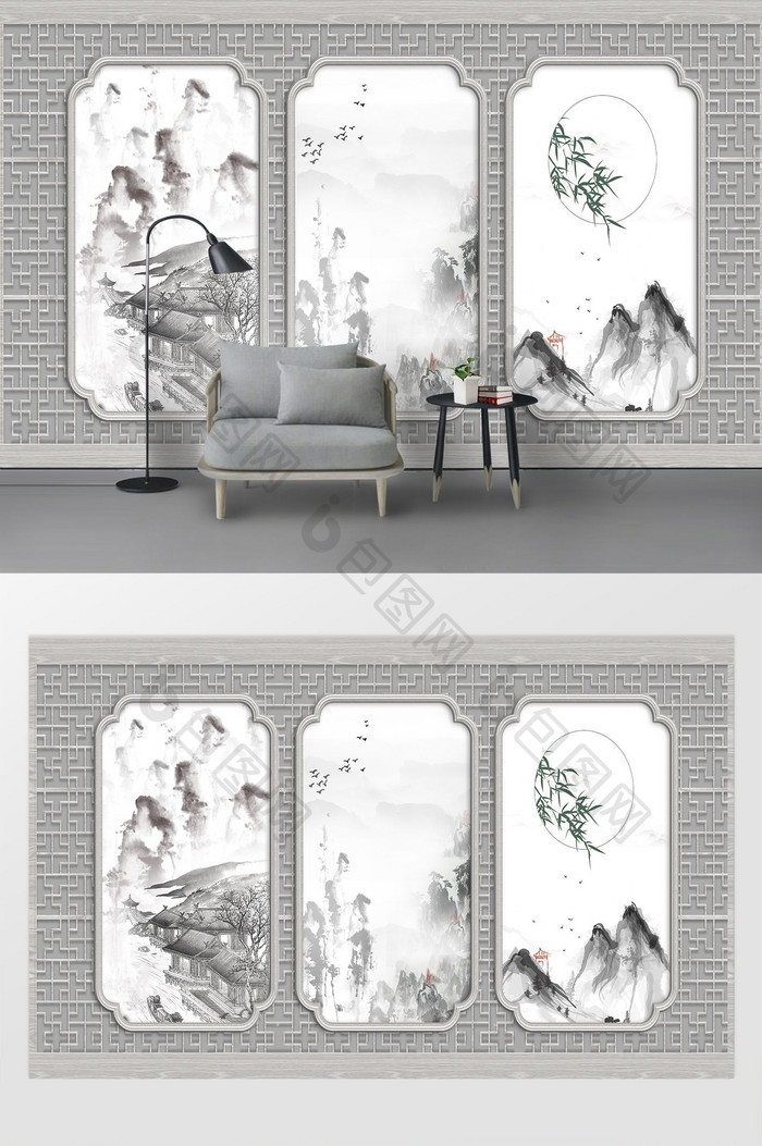 中式时尚山水风景大气几何框灰色背景墙