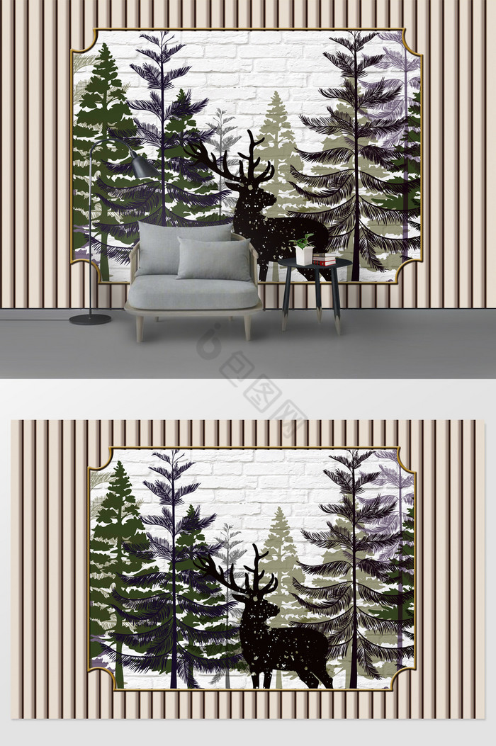 现代简约森林麋鹿艺装饰背景墙