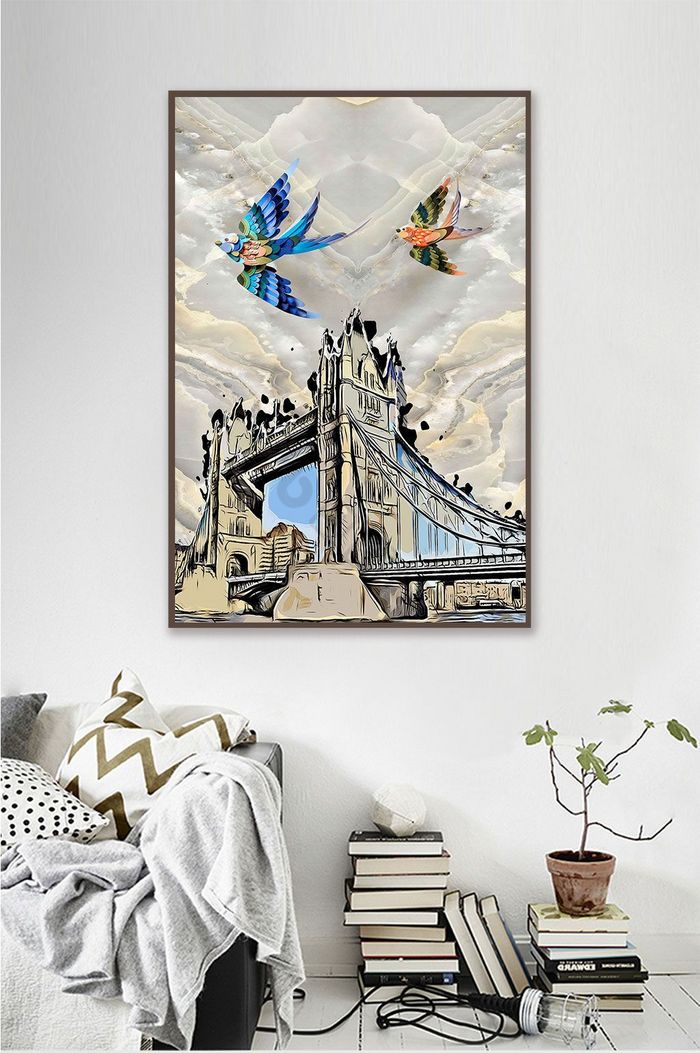 现代创意3D天桥蓝色天空鹦鹉玄关装饰画图片
