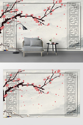 新现代手绘工笔花卉浮框山水背景墙图片