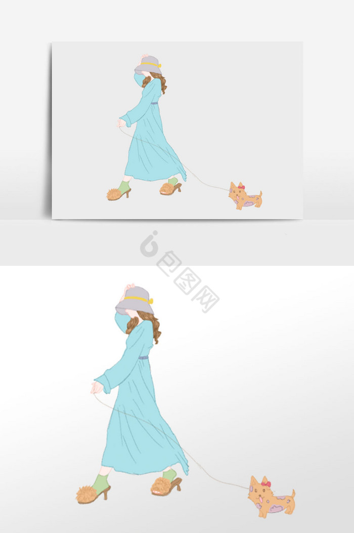 美少女遛狗插画