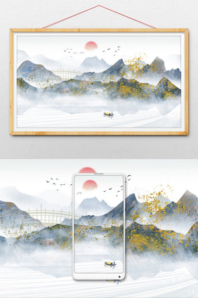 水墨山水画中国风插画