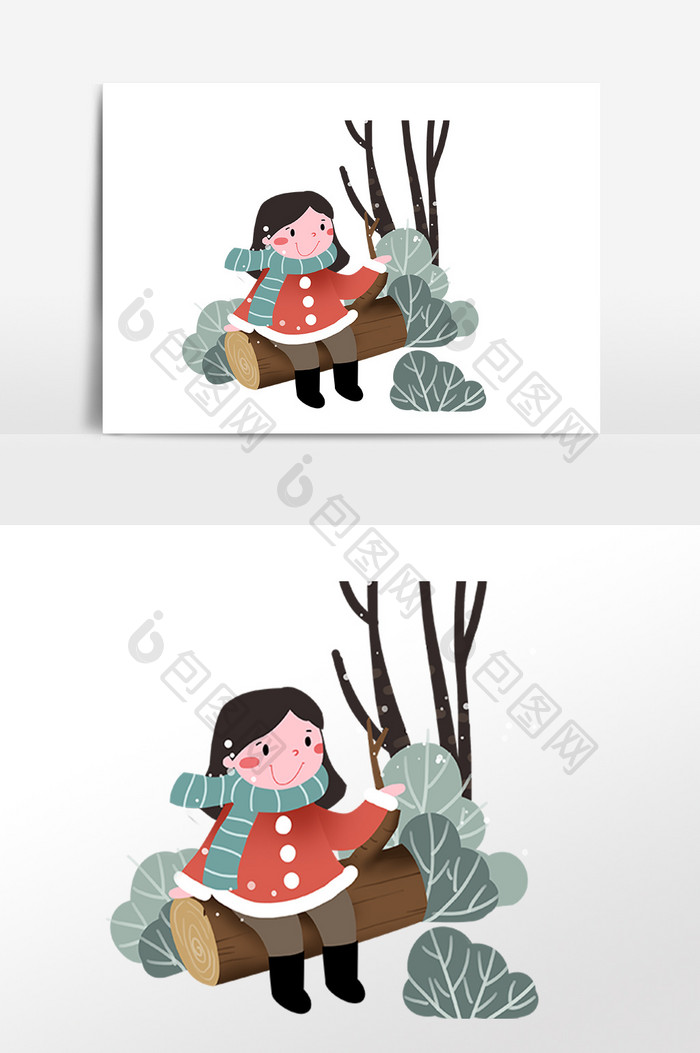 卡通大寒坐在木头上的女孩素材