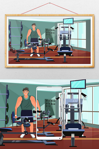 卡通健身房运动锻炼减肥增肌健康生活插画图片