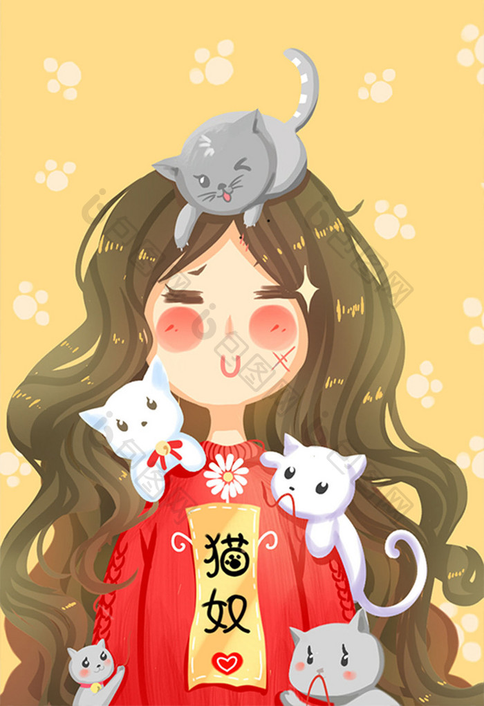 唯美卡通可爱享受猫奴之幸福生活方式插画