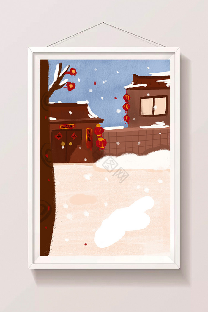 春节的房屋外雪地插画图片