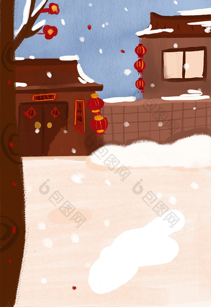 春节的房屋外雪地插画