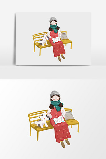 手绘坐在长椅上看书的女人插画元素图片