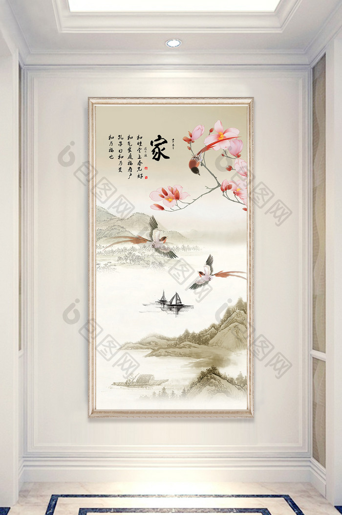 新中式手绘花鸟玄关背景墙装饰画
