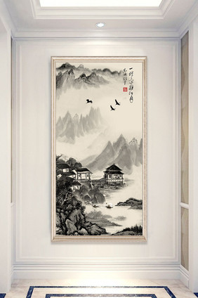 新中式山水国画高山流水瀑布图壁画玄关