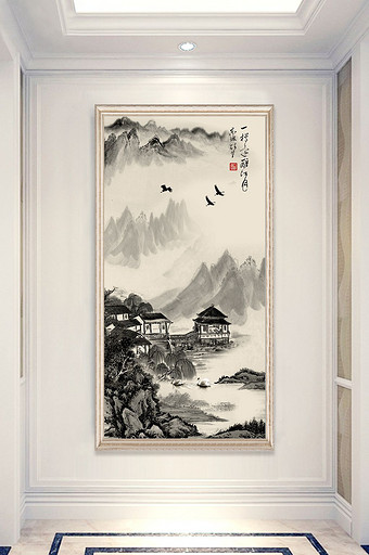 新中式山水国画高山流水瀑布图壁画玄关图片