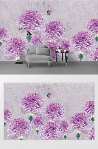 现代唯美紫色花丛浮雕蝴蝶背景墙图片