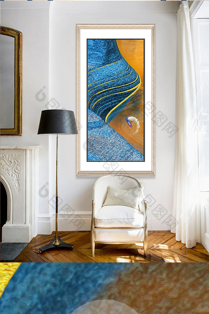 现代抽象风景鎏金海岸线地产玄关装饰画