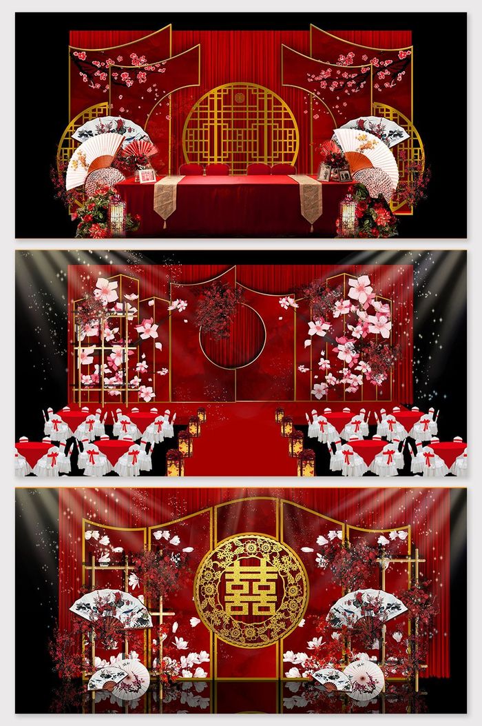 新中式红色喜庆婚礼舞台效果图图片